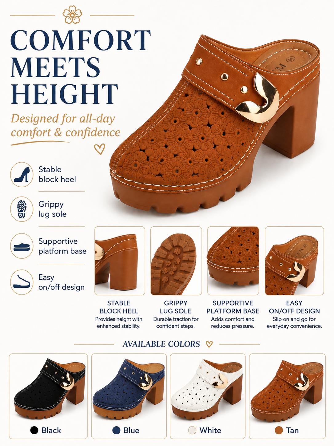 Elegant Platform Mules with Floral Cutout Upper Statement Gold Buckle & Stable Block Heel Stylish Comfy Confident