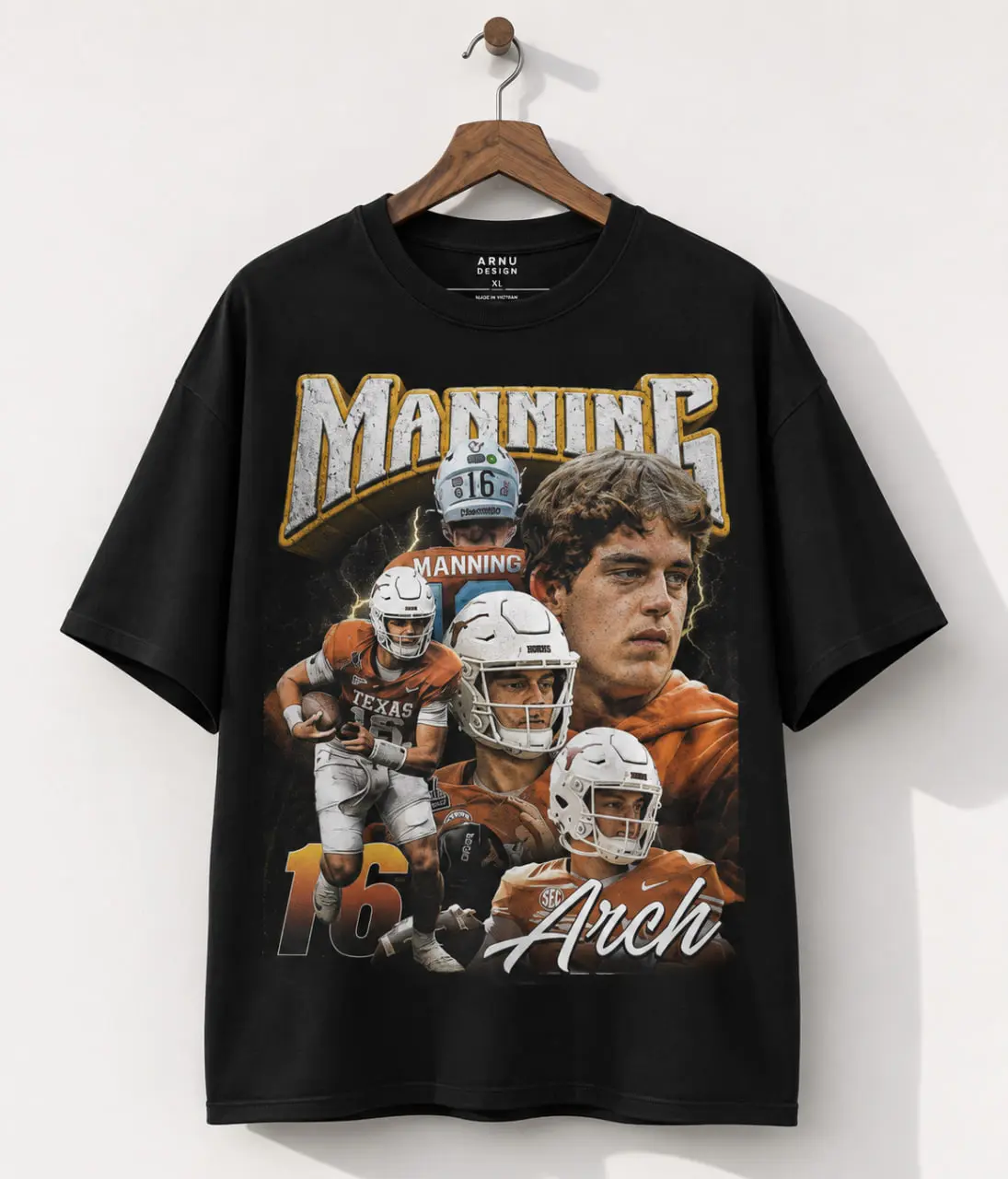Women's Manning 16 Vintage Football Graphic T-Shirt - Retro Quarterback Inspired, Classic Texas Sports, Distressed Unisex Oversized Short-Sleeve Tee