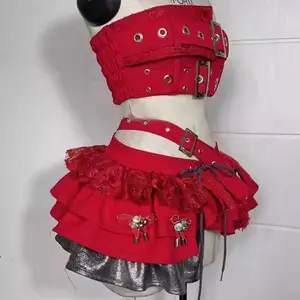 Y2K Red Women's Two Piece Outfit - Fashionable Clothes & Womenswear Ensemble with Unique Design Elements