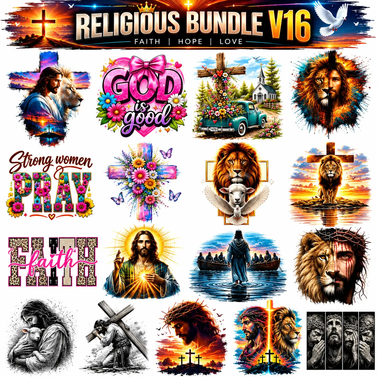 Religious Bundle V16 Ready-to-Press DTF & Sublimation Transfers | Christian Faith Heat Transfer Bundle | 14 Designs | 20x5 ft Roll | Up to 11"