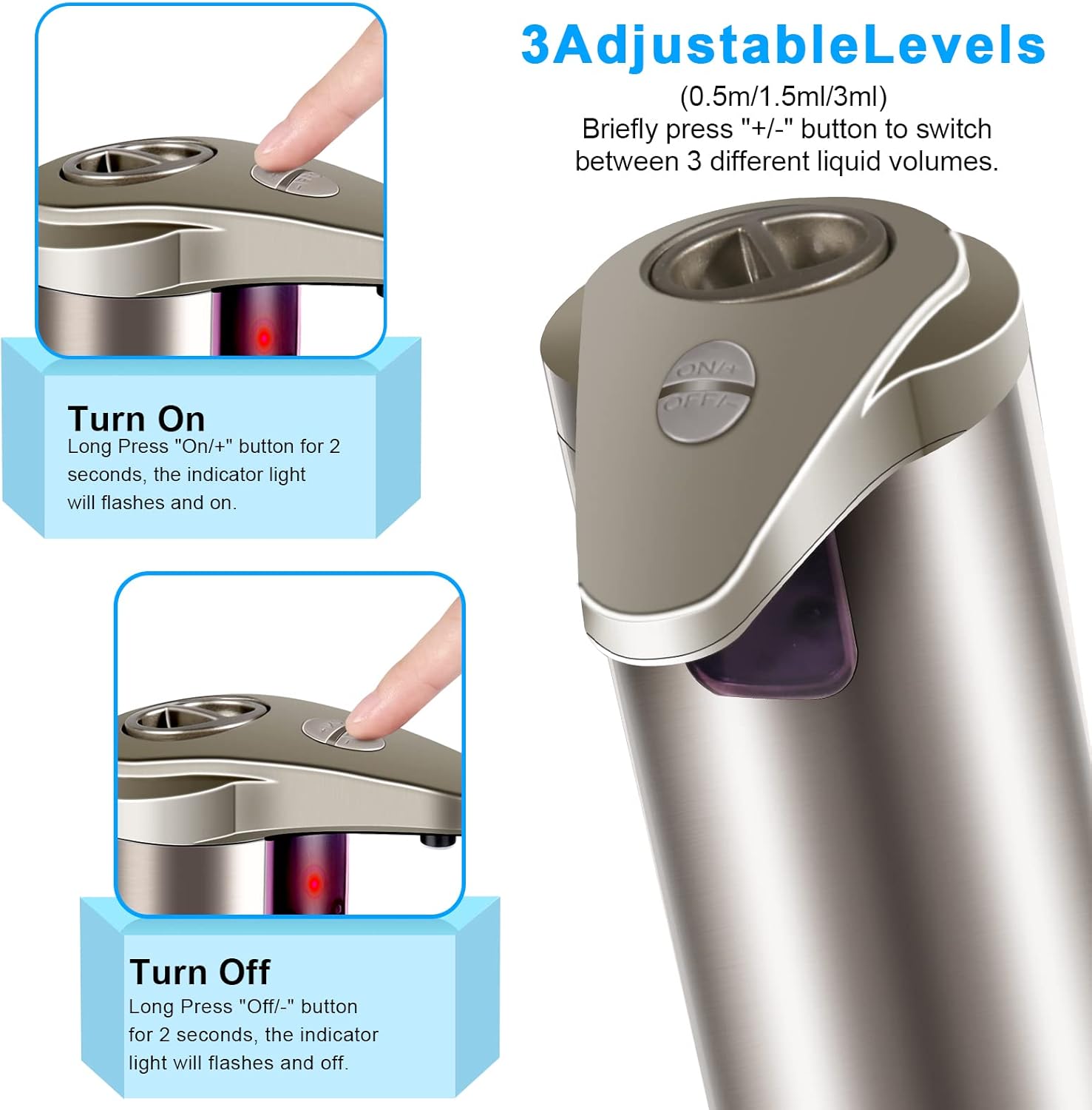 Automatic Soap Dispenser, 3 Adjustable Dispensing Levels with Stainless Steel, Infrared Motion Sensor & Waterproof Base, Smart Touchless Soap Dispenser for Bathroom, Kitchen, School and Hotel Use