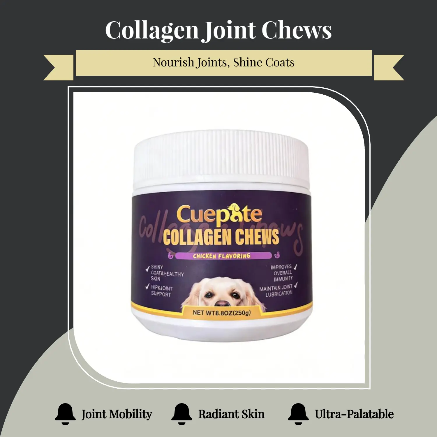 Cuepate Collagen Hip & Joint Care Chewables for Dogs - Natural Meat Flavor Supplement with Glucosamine Hydrochloride, Vitamin D3, Radiant Skin Support, Immune Booster, 24-Month Supply