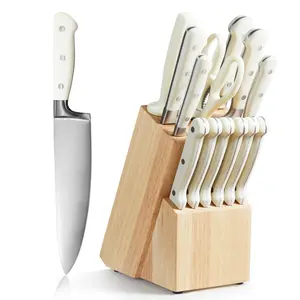 14 Pieces Knife Set with Wooden Block Stainless Steel Knives Dishwasher Safe with Sharp Blade Ergonomic Handle Forged Triple Rivet-Pearl White