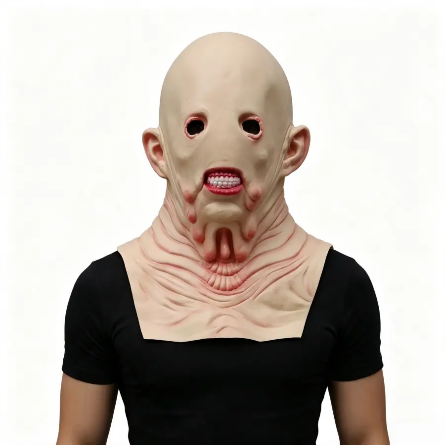Latex full head & neck mask for humanoid tumor mutants, bald grotesque creature headgear for TikTok underground horror skits & haunted house jump scares