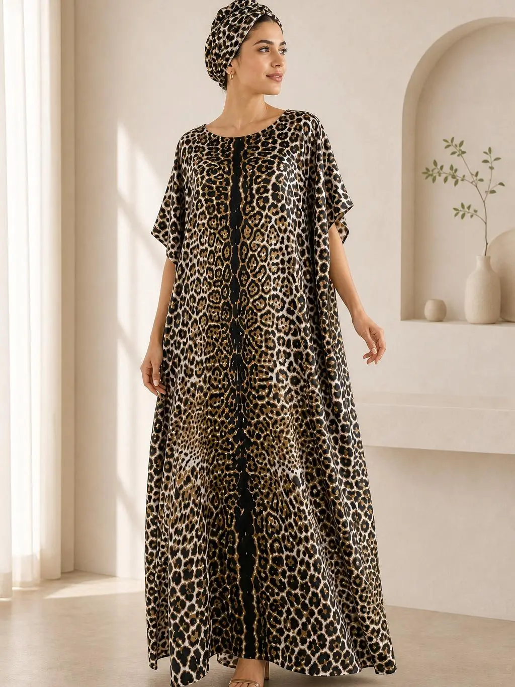 MuuMuu Muse Women's White Leopard Print 2-Piece Muumuu Set - Dress & Matching Scarf, Casual Fashion Drapey Comfortable Loose Caftan, Chic Beach Cover-Up, Fit, Light, Printed, Statement, Moomoo, Animal Print Outfit Love Robe Womenswear