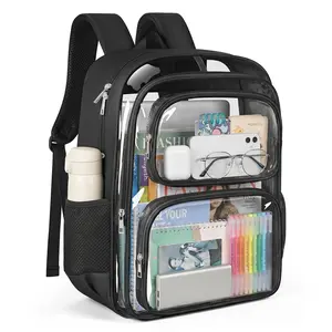 Backpack Transparent School Bag with 4-Layers See Through Storage, Heavy Duty PVC Bookbag with Padded Shoulder Straps, Large Capacity Multi Pocket Schoolbag for Travel, College, Work, Security Check, Everyday Use