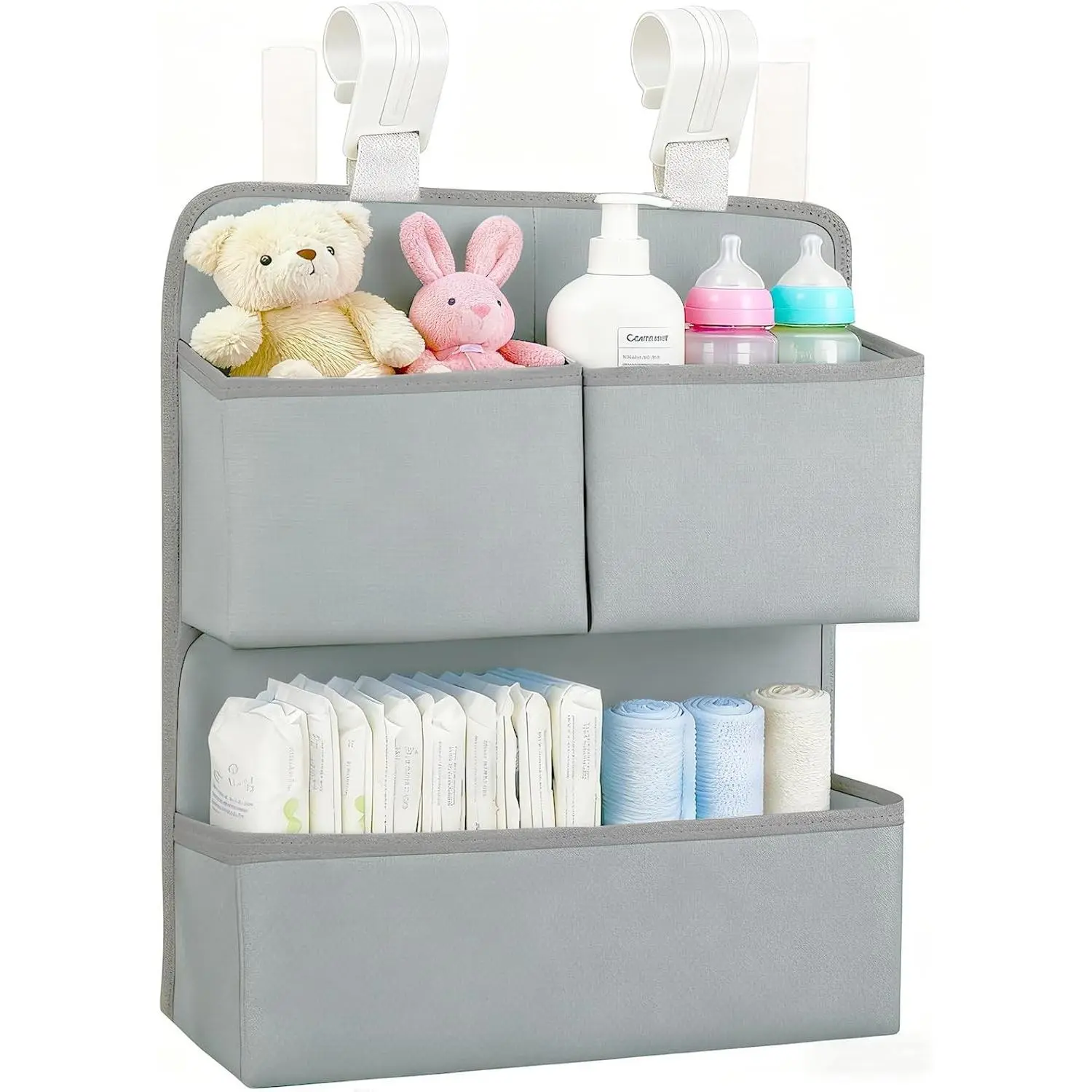 Hanging Diaper Organizer for Bassinet/Crib/Playpen/Playard – Hold 80+ Diapers - Changing Table Diaper Holder Attachment Accessories- Diaper Stacker Nursery Caddy Organizer (Gray)