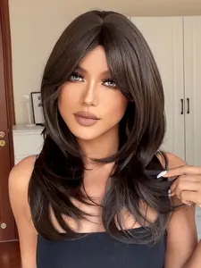 24 Inch Dark Color Synthetic Wig for Women, Long Natural Wave Layer Cut, No Glue Design with Side Bangs, Fall Style