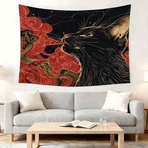1 Pc Mystic Cat Wall Hanging Tapestry Red Gold Black Decor Art for Living Room Bedroom Party Backdrop Wall Tapestries