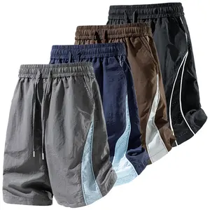 American retro color-block shorts with drawstring elastic waistband and pockets—casual men’s summer ice silk breathable quick-dry lightweight loose beach shorts for sports/fitness/running, everyday wear, vacations #SummerVibes