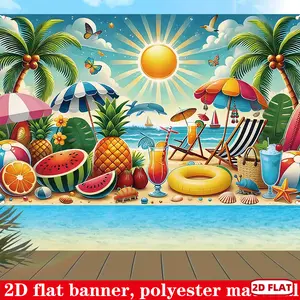 1pc 2D Polyester Tropical Pineapple Throws - Sunny Beach Party Themed Flat Banner with Pineapple & Watermelon Designs, Ideal for Summer Beach Decorations, Hawaiian Events