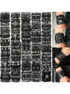 10/20/30Pcs Punk Hip Hop Style Faux Leather Bracelets Set, Multi-layer Skull Cross Star Infinity Symbol Design, Vintage Black Creative Metal Dots Jewelry, Perfect for Halloween, Thanksgiving, Father's Day, Graduation Gifts for Teens, Trendy Cool Edgy Styl
