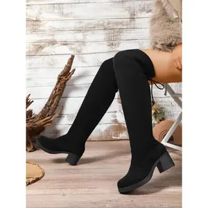 2025 New Plus Size Over-the-Knee Boots for Women ?C Black Suede Chunky Heel Tall Boots with wide calf boots Elegant & Comfy Heeled All Seasons Shoes Winter Warm Boots ?C Perfect for Dates, Work, Parties & Everyday Outings Gift for Halloween, Christmas
