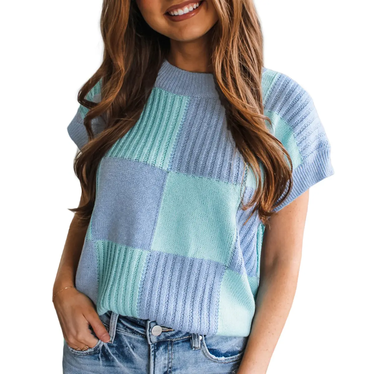 Women's Plaid Color Block Acrylic Knit Sweater Top - Modest Crew Neck, Short-Sleeve Ribbed Pullover, Loose Fitting, Chic Casual Check Clothes, Plaid Women's T-Shirts