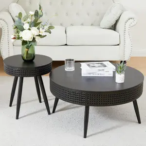 Giratree Modern Round Coffee Table Set of 2, Nesting Rattan Accent Tables with Hidden Storage for Living Room & Patio