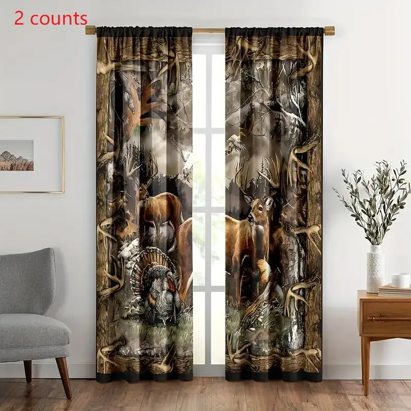 Rustic Cabin Deer Pattern Curtain, 2 Counts Country Farmhouse Forest Wildlife Print Window Curtain, Window Drapes for Living Room Bedroom