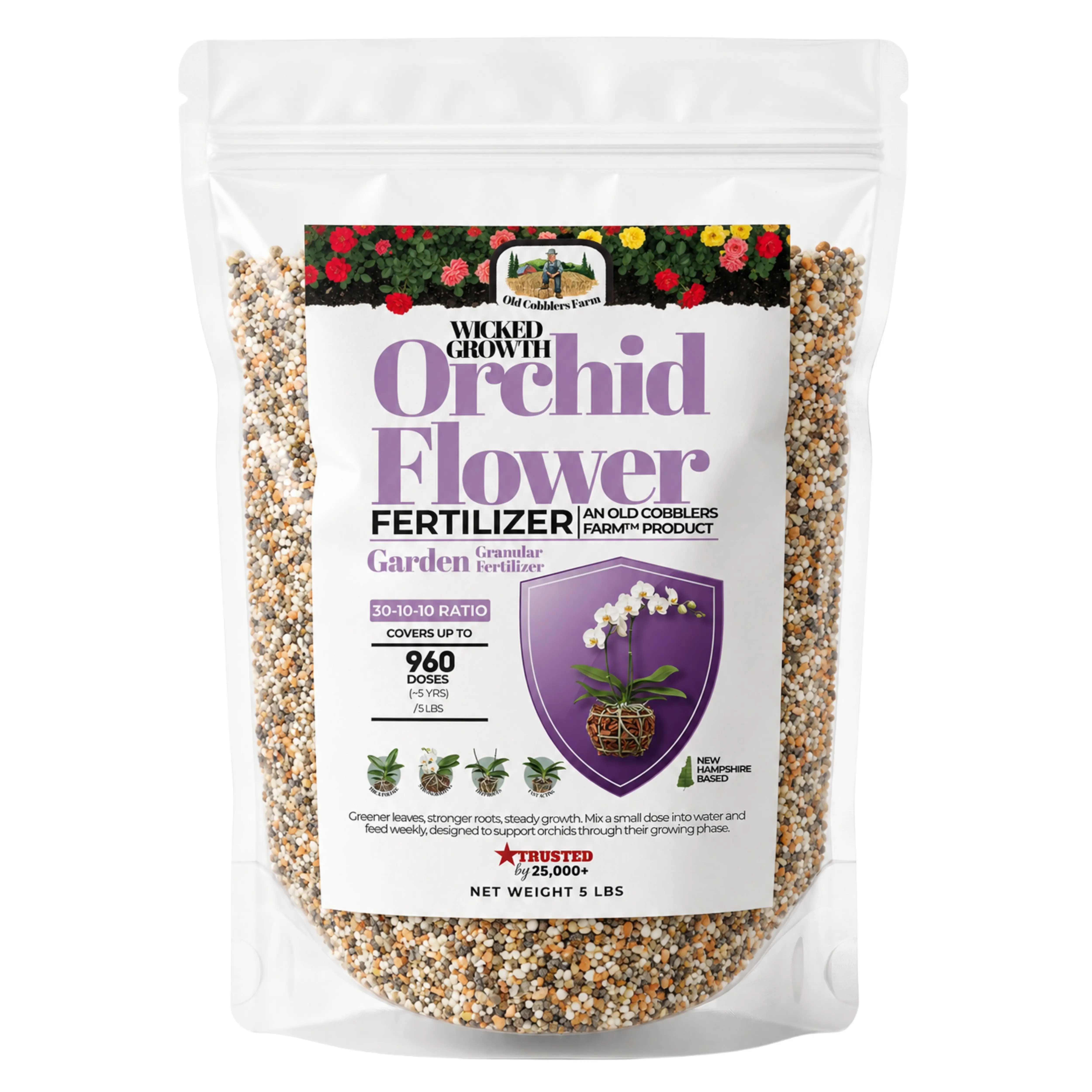 Old Cobblers Farm Wicked Growth Orchid Fertilizer, High Nitrogen Water Soluble Grow Formula for Phalaenopsis, Cattleya, Dendrobium, Oncidium, Vanda and Paphiopedilum, Weekly Vegetative Phase Feed for Indoor and Greenhouse Orchids