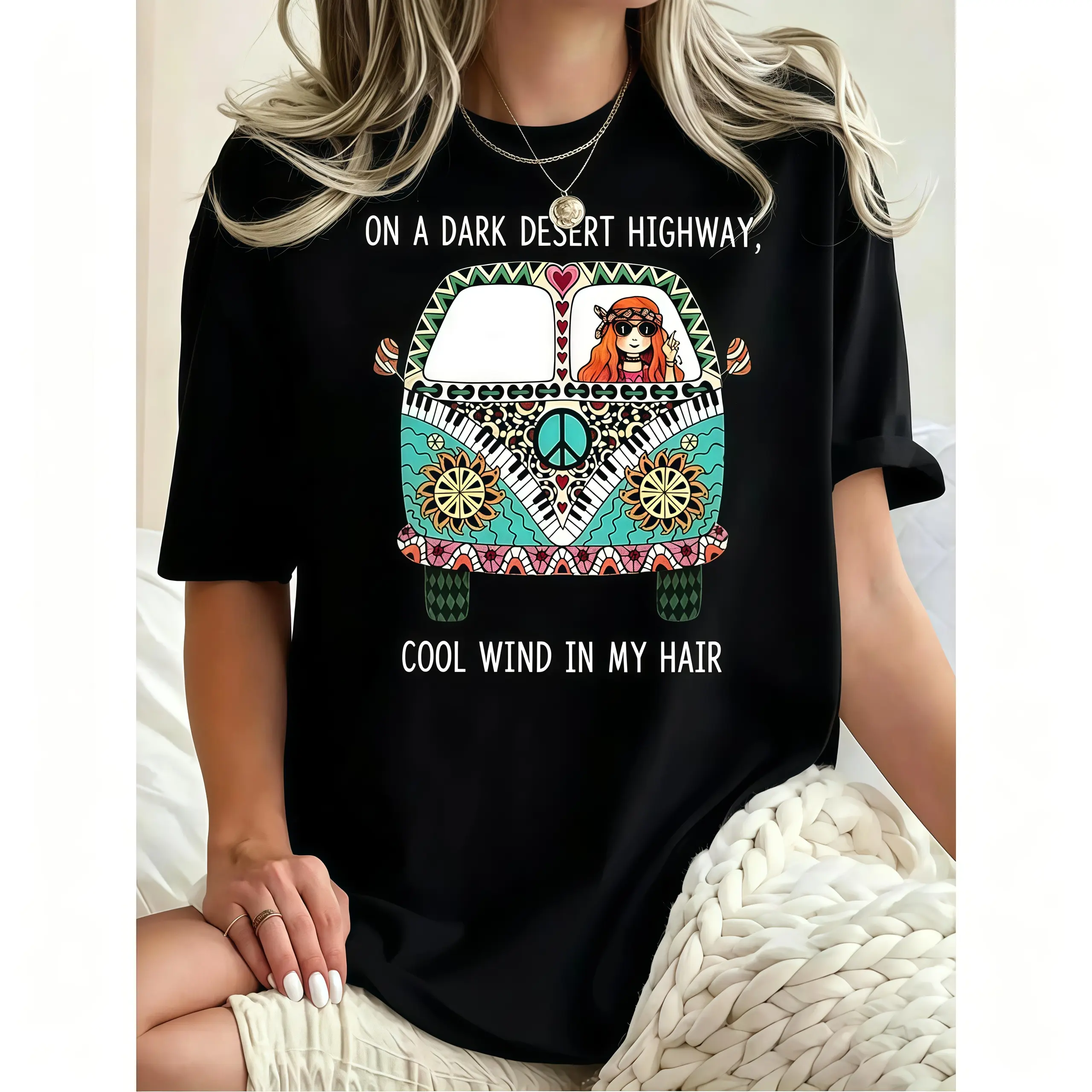 Boho Hippie Van Graphic T-Shirt |   Retro Desert Highway Peace Bus Tee |   Women Casual Oversized Summer Top