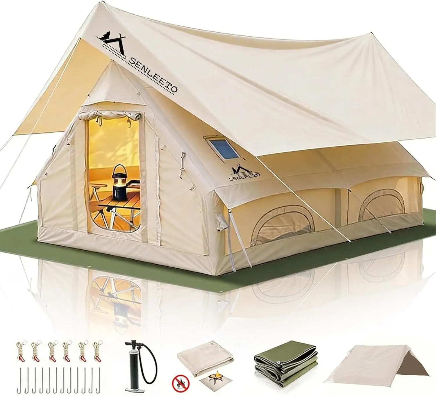 10-Person 4-Season Inflatable Instant Cabin Tent - Family Sturdy Outdoor Shelter, 129 Sq Ft Heavy Duty Camping Gear with Stove Jack, Mesh Windows, Pump for Summertime Use, Family Tents