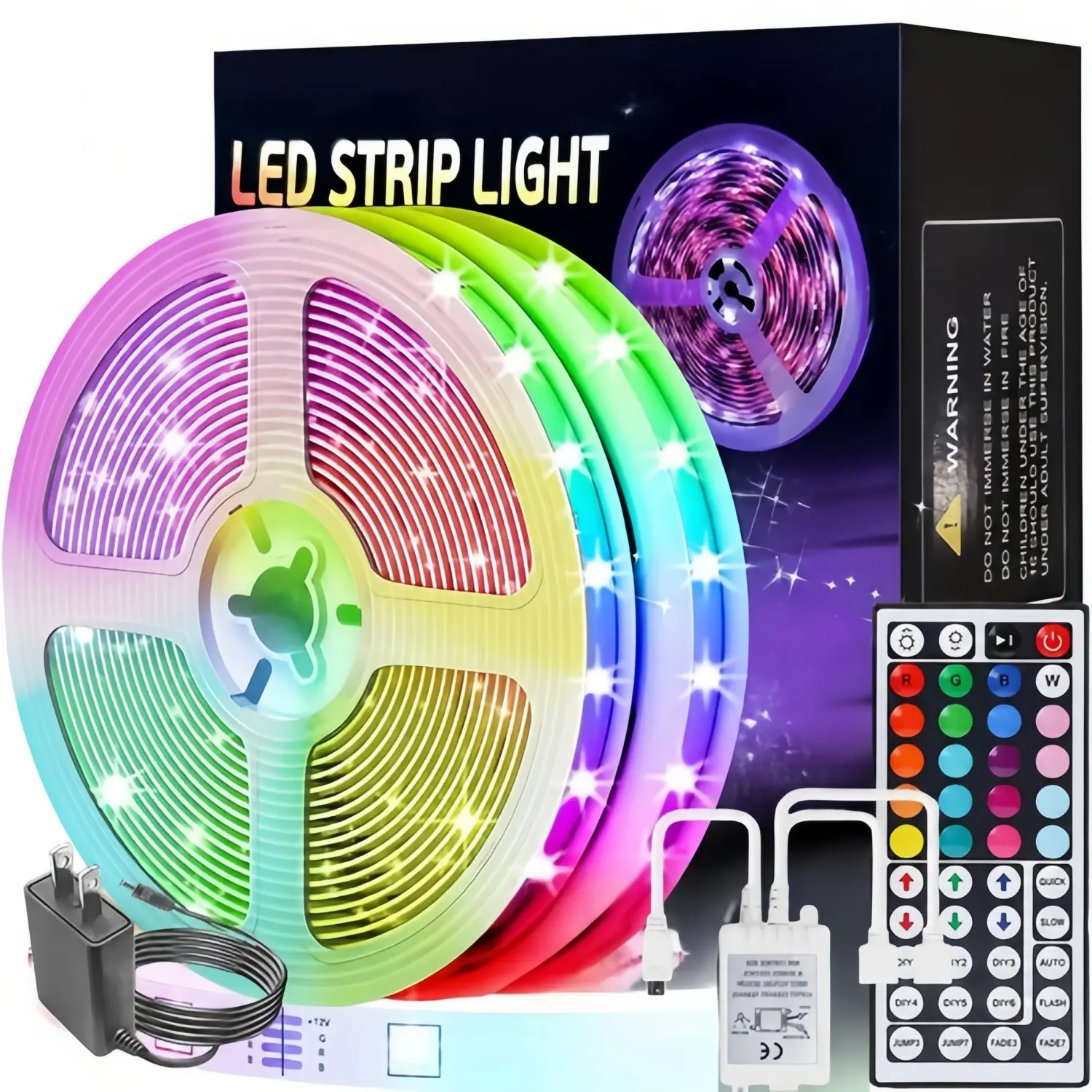 Boluoova 50FT/15M RGB LED Strip Light, Cuttable Dimmable with 44-Key Remote Control, Indoor Room Decor Lights
