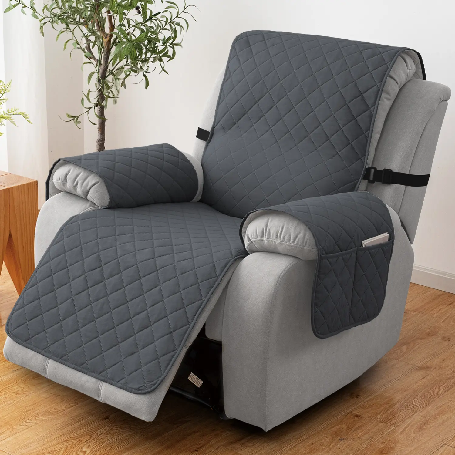 Quilted Fabric Classic Single Seat Armchair Cover - 70% Water Guard, Stretch, Scratch Resistant, 23.6" Wide, Non-Slip, Cold Washable, Dustproof Furniture Protector with Adjustable Elastic Straps, Side Pocket, Armrest Coverage, All Seasons Pet Guard