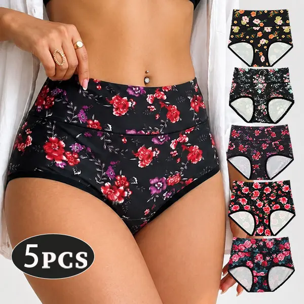 5PCS Women High Waist No‑Show Printed Panties, Thin Breathable Full Coverage Bikini Briefs, Comfortable Everyday Spring Summer New Intimates