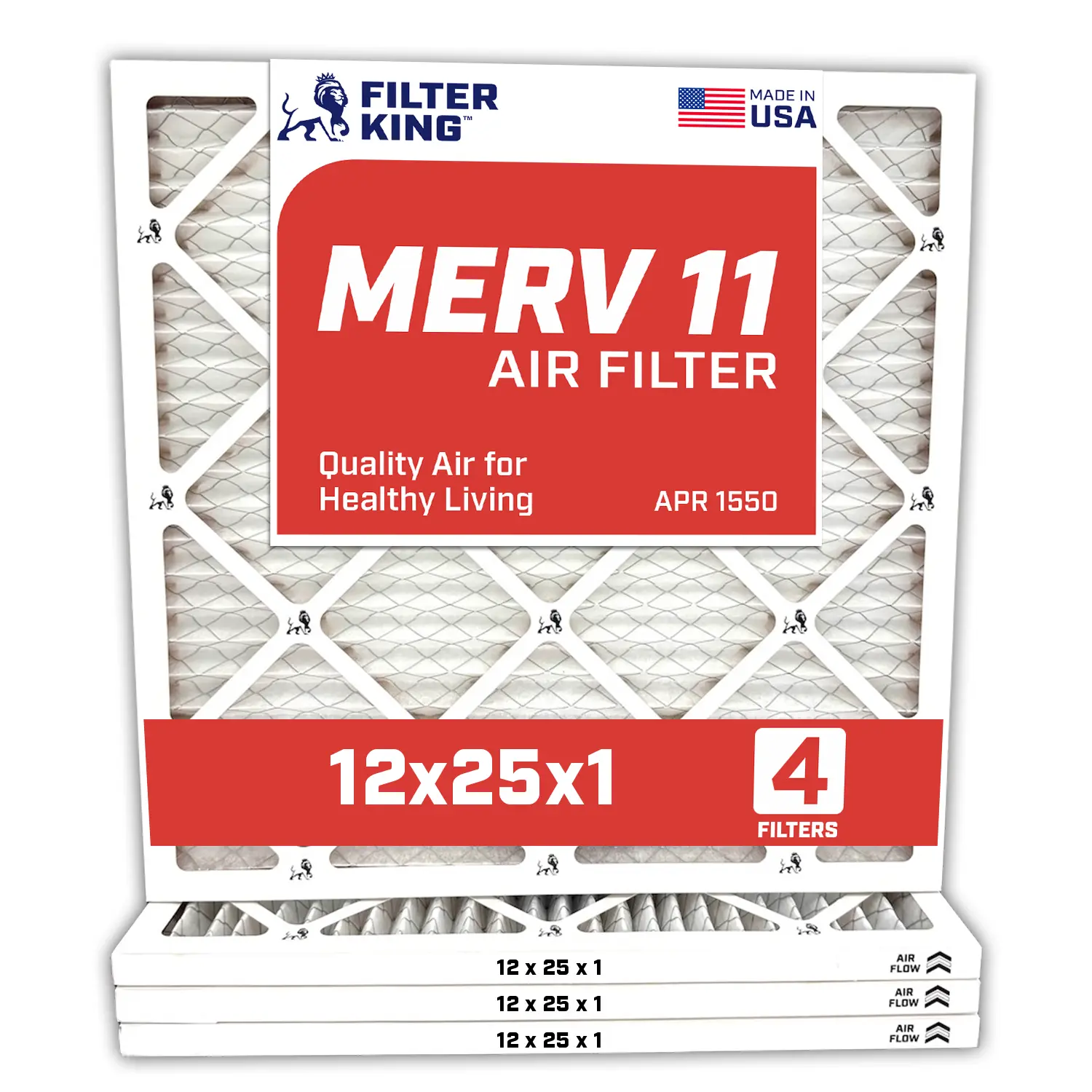 Filter King 12x25x1 Air Filter | 4-PACK | MERV 11 HVAC Pleated A/C Furnace Filters | MADE IN USA | Actual Size: 11.5 x 24.5 x .75"