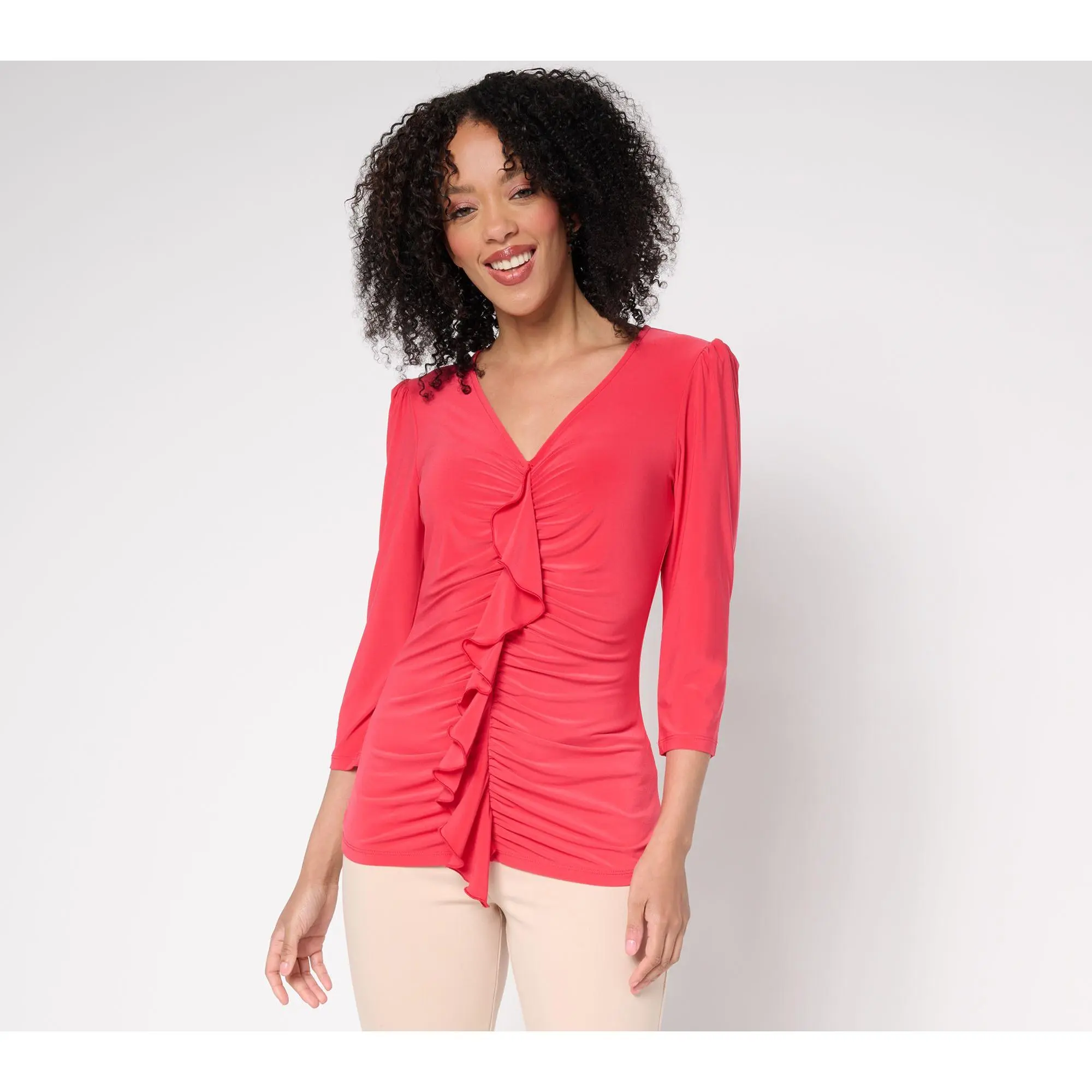 Dennis Basso Italia Knit Cascade-Front Top with 3/4-Sleeves