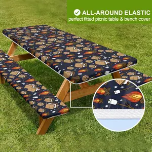 3pcs Camping Tablecloth and Chair Covers, Outdoor Picnic Table Set for 4ft 6ft 8ft Tables, Rectangular Stretch Tablecloth Only, No Furniture Included
