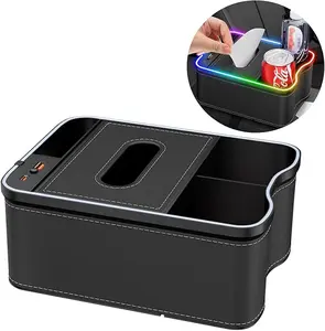 Car Armrest Storage Box, Upgraded Universal Center Console Organizer, with 2 Beverage Cup Holders, 7 Color LEDs Car Console Organizer with USB + Type-C Charging Port