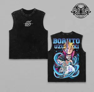 Boruto Uzumaki Karma Form Vintage Graphic Collection, Oversized T-Shirt, Tank Top, Retro Washed Black Streetwear Anime Merch, Trendy Aesthetic Alt Clothing