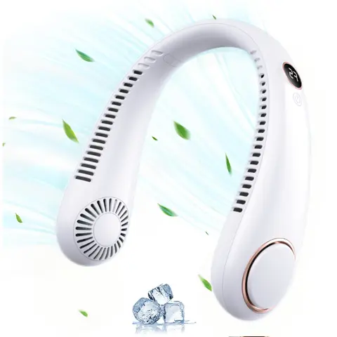 Plastic Bladeless Cooling Rechargeable Neck Fan - Portable, Mini, Lightweight, Comfortable Wear, 5-Speed Simulated Natural Wind, LED Display, USB Port, Power Bank Recharge, Hands-Free Adjustable Hanger, Cool and Safe for Gym, Office, Outdoor Sports