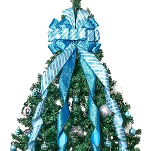 52*13 Inches Large Christmas Tree Topper Wreath Bow with Glitter Streamer Patterned Ribbon for Xmas Tree Indoor Outdoor Home Decoration Lake Blue
