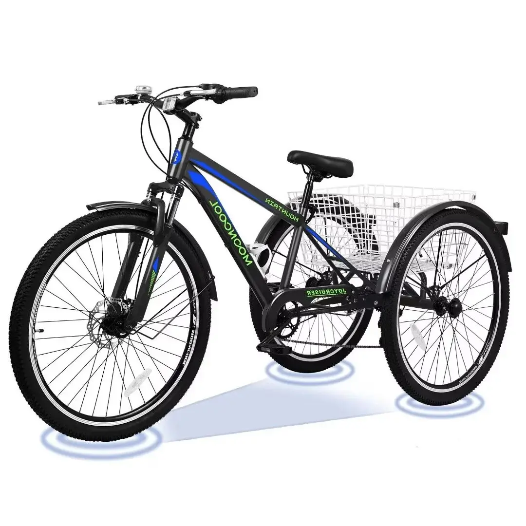 Adult Mountain Tricycle, 7 Speed Three Wheel Bike, 24/26/27.5 Inch Adults Trikes for Seniors with Shopping Basket, Exercise Men's Women's Tricycles