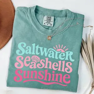 Comfort Colors Saltwater Seashells Sunshine Tee, Summer Beach Shirt, Vacation T-Shirt, Cute Coastal Gift, Retro Sea Graphic Shirt