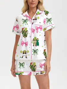 Shrek Women's All-Over Print Pajama Set — Collared, Short-Sleeve Top & Shorts — Stylish Loungewear Suitable for Wearing Out — Available as Family, Couple, and Holiday Matching Sets
