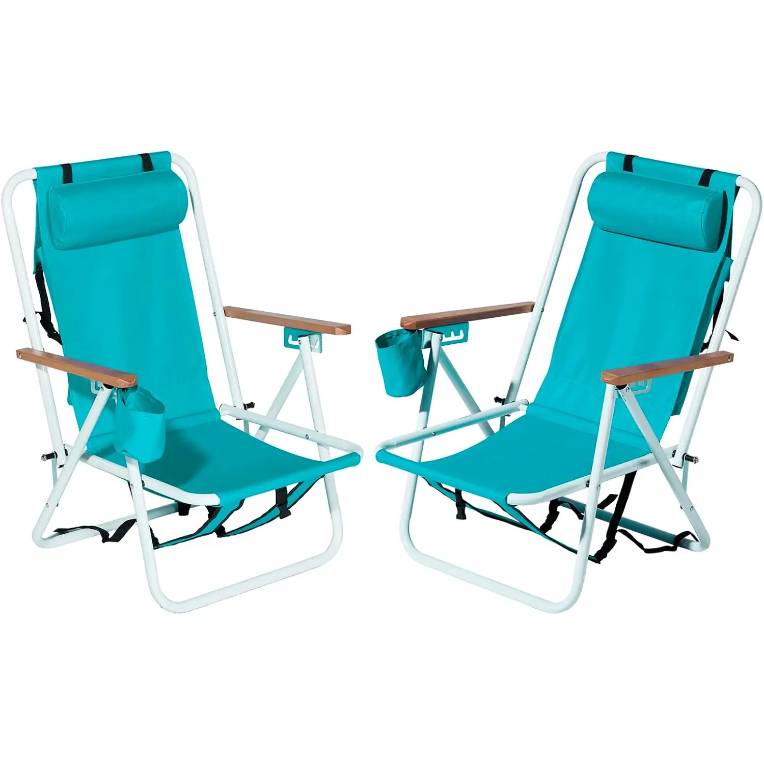 600D Polyester Beach Lounge Chair, Lightweight 4-Position Recliner with Headrest, Foldable Chairs with Backpack Straps & Cup Holder for Poolside, Outdoor Folding Chair