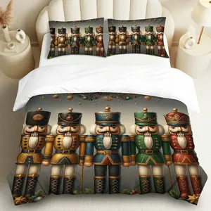 3PCS Duvet Cover Set, 1 Duvet+2 Pillowcases(Without filler), Nutcracker  Soldier Christmas Holiday Festive theme, Christmas bedding set, Nutcracker Suitable for decoration bedroom living room guest room hotel.