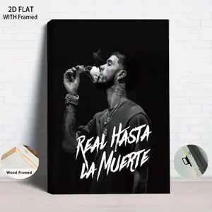 1PCS With Framed Real Hasta La Muerte Canvas Wall Art with Wooden Frame Black and White Urban Street Style Decorative Painting for Living Room Bedroom Home Office Modern Hip Hop Music Culture Themed Modern Art Design