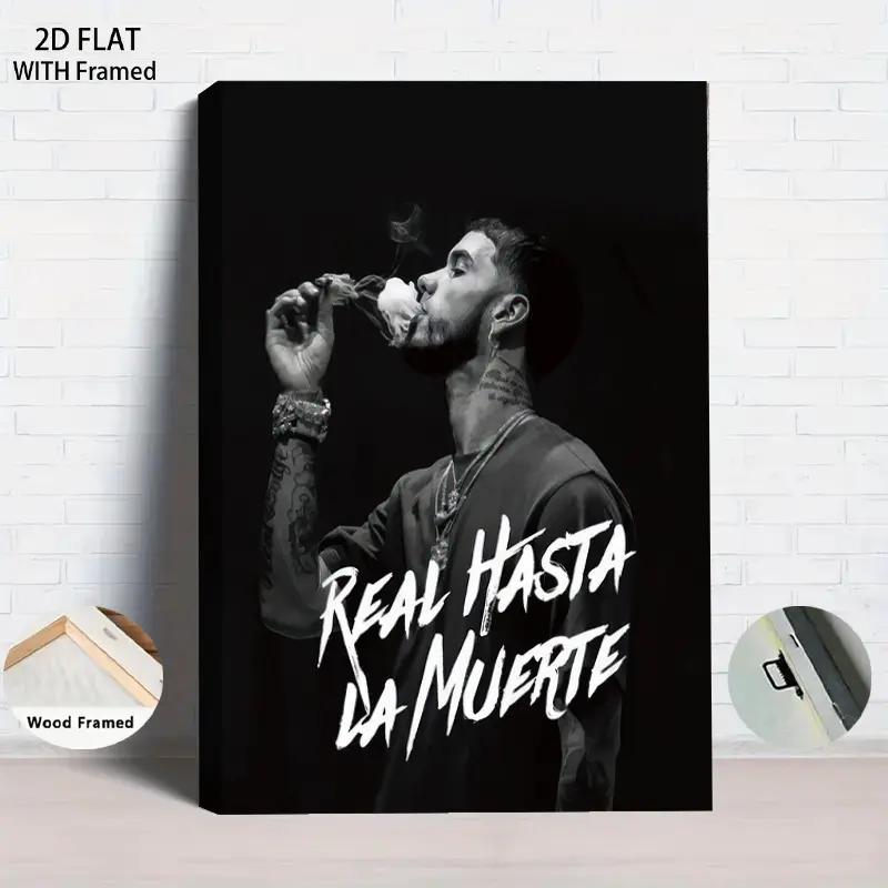 1PCS With Framed Real Hasta La Muerte Canvas Wall Art with Wooden Frame Black and White Urban Street Style Street Art Print Decorative Painting for Living Room Bedroom Home Office Modern Hip Hop Music Culture Themed Modern Art Design