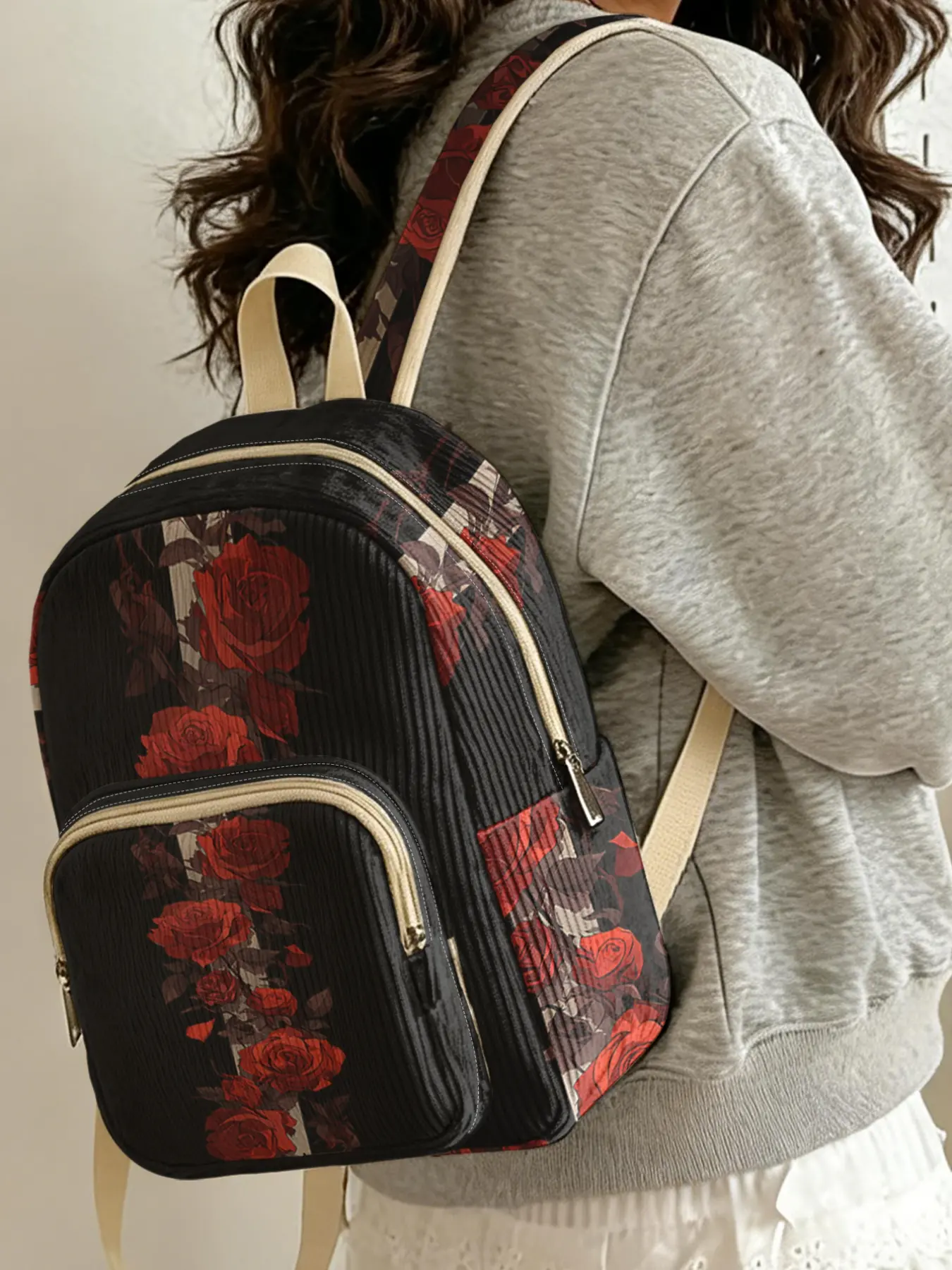 1pc Red Rose Pattern 2D Printed Women's Backpack, Velvet Texture + Layered Storage + Lightweight Comfort | Perfect for Students to Class/Shopping/Short Trips | Combines Atmosphere and Practicality