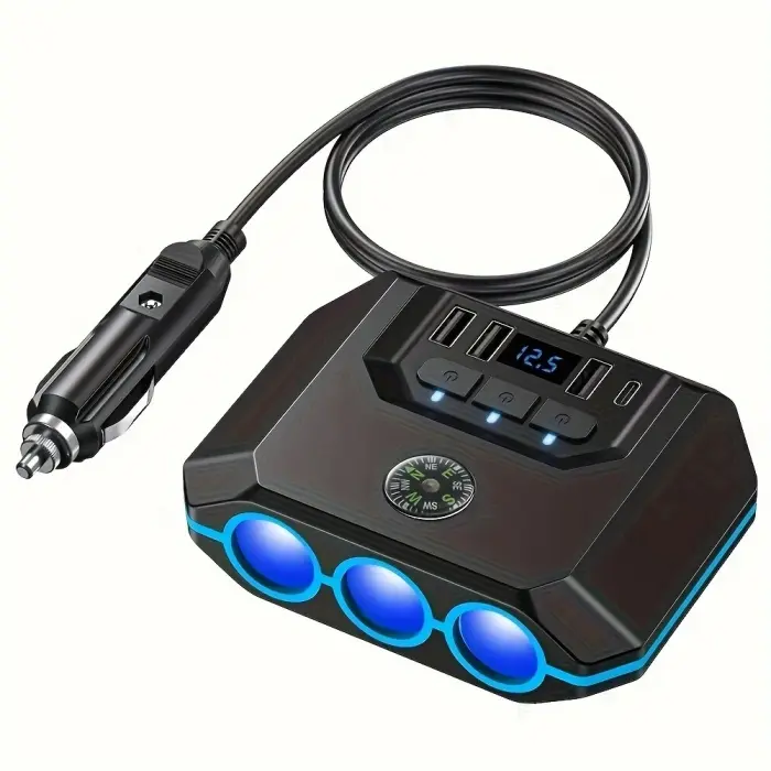 7-in-1 Cigarette Lighter Splitter, 120W Car Charger Adapter with 3 Sockets & Independent Switches, 4 USB Ports (USB-A/USB-C), LED Voltage Display, UL Certified, Built-in Fuse + Spare Fuse