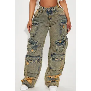 Nikki Non Stretch Acid Wash Cargo Jeans - Vintage Wash Z