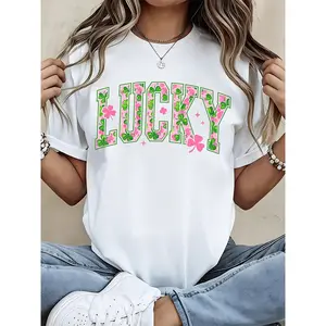 Lucky St Patrick's Day T Shirt Women White Cotton Graphic Tee With Pink And Green Clover Design For Festive Wear