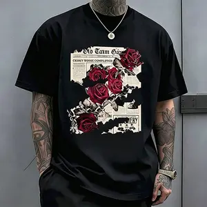Men’s American-style trendy printed T-shirt, black and white short sleeves; holiday streetwear fashion styling; casual crew neck short-sleeve T-shirt for everyday outdoor leisure wear.