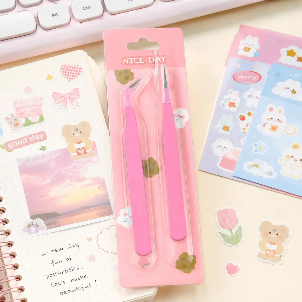 Cute & Aesthetic Pastel Macaron High-Precision Tip Tweezers Set - Lightweight Grip Scrapbooking Tool for Accurate Placement, Crafts & DIY Stationery Gifts, Basic