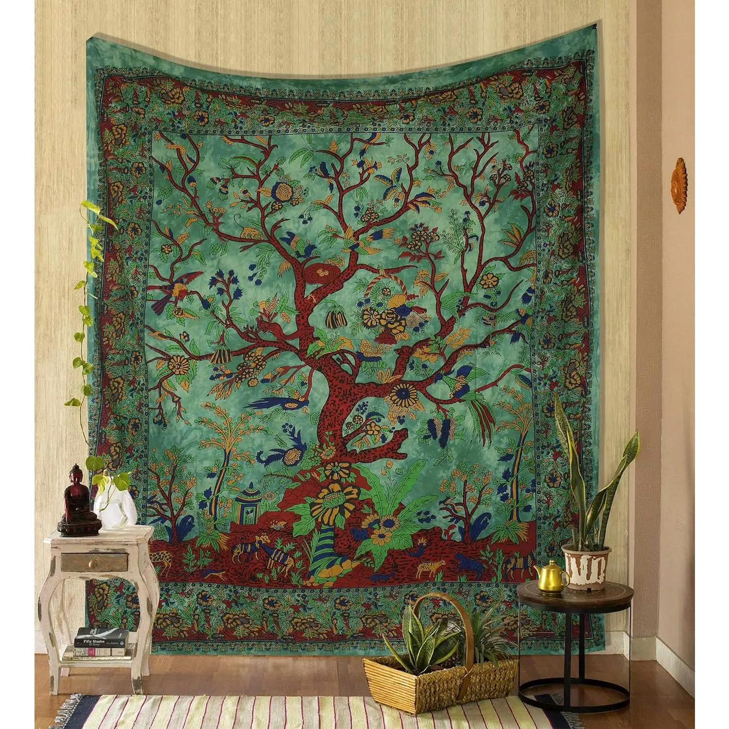 THE ART BOX Green Tree of Life Print Tapestry - Indian Cotton 80x60 in Artwork Tapestry, Wall Hanging, Twin Bedspread, Picnic Sheet for Indoor Decor, Artwork Tapestries