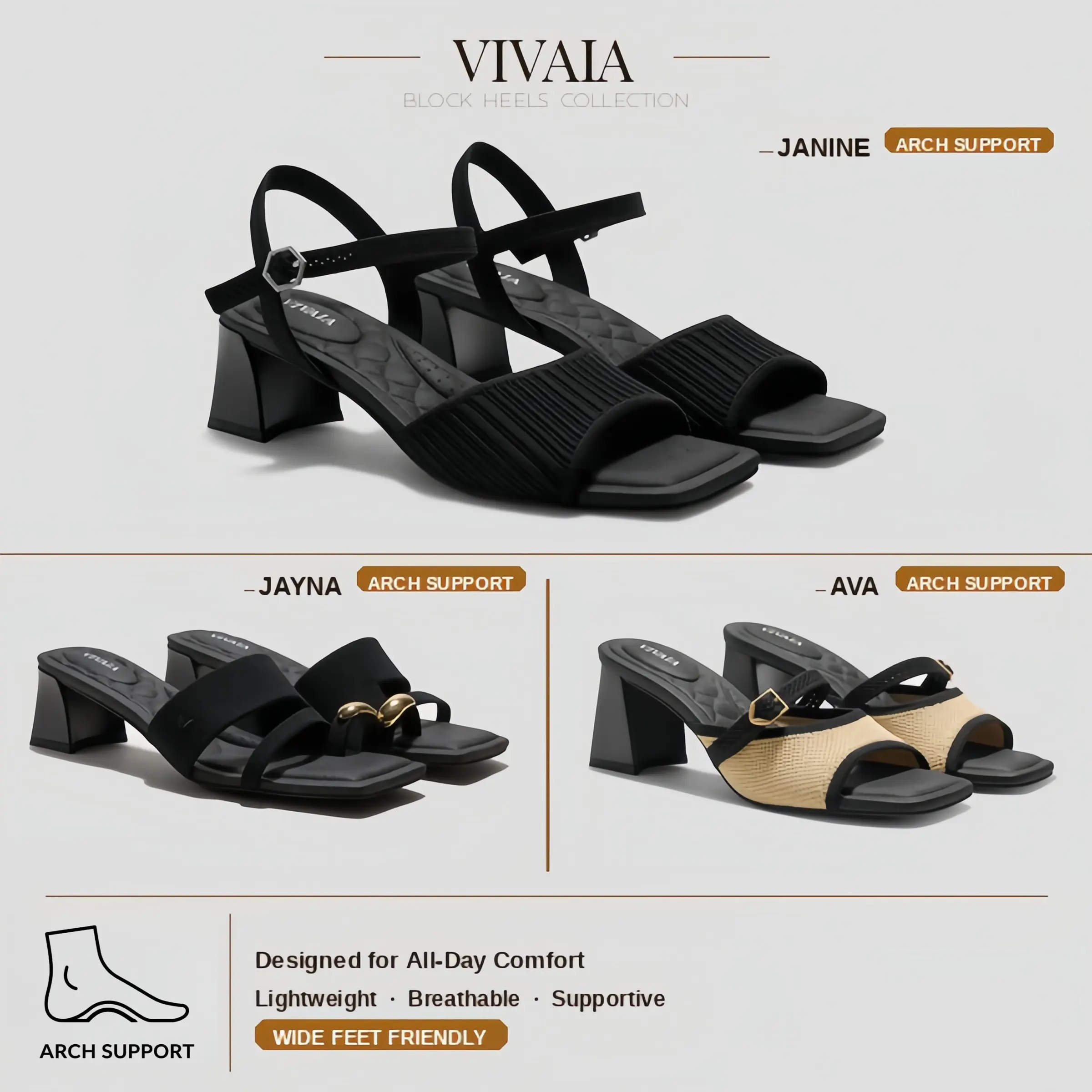 VIVAIA Arch Support Square-Toe Mid Block Heel Strappy Miami Summer Sandals, Block Heel Sandals, Arch Support Sandals, Cushioned Heel Sandals,  Platform Sandals, Suitable for vacations, all day wear, comfortable heels,Walking Shoes (JAYNA&JANINE&AVA) tikto