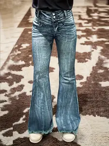 Apple Green Bell-Bottom Jeans for Women Featuring a Mid-High Waist, Button Closure, Elastic Cuffs, And a Fuzzy Trim