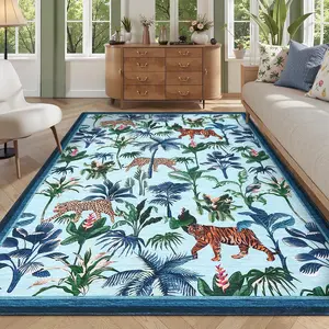 Garvee Area Rug 9 ft x12 ft Tiger Rugs Tropical Jungle Plant Rugs Washable Rug for Living Room Non Slip Non Shedding Indoor Floor Cover Low Pile Stain Resistant Carpet for Bedroom Home Decor, Blue